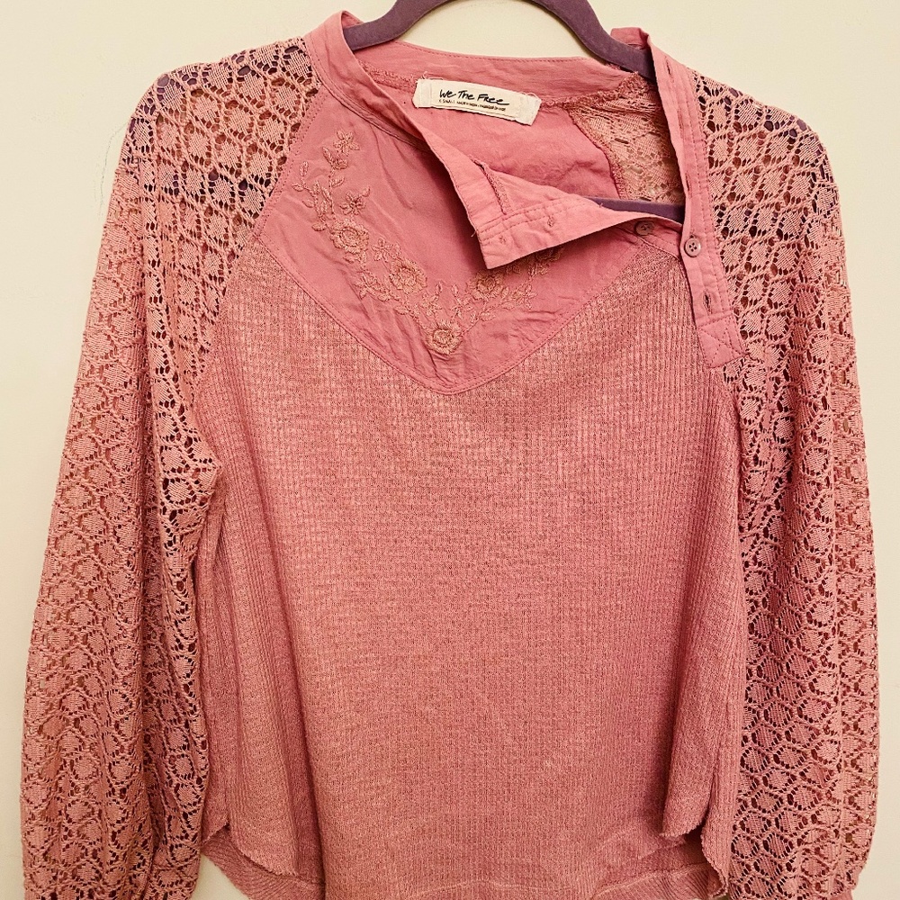 Free People Waffle Knit Lace Top Rose- Sweetest Thing